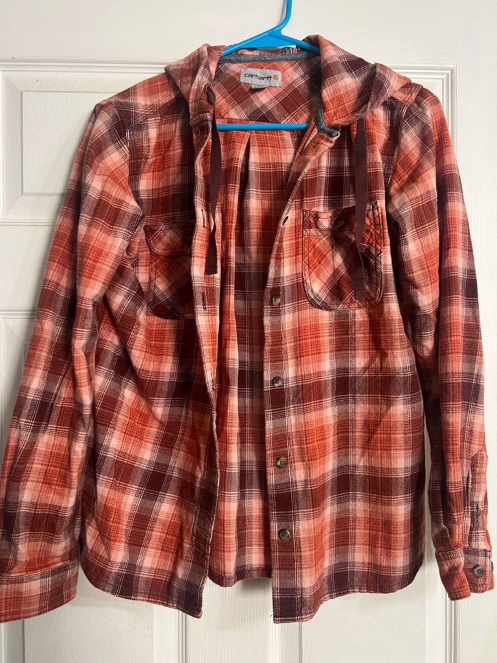 Carhartt women Orange and Brown Plaid Hooded Button-Up Shirt
